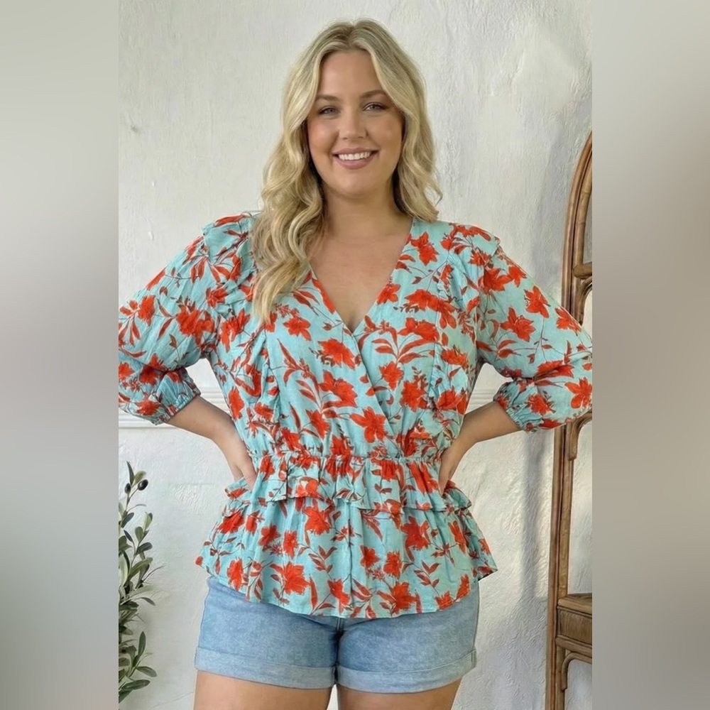 037 PLUS And the Why Blue Floral‎ Print Long Sleeve Blouse